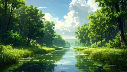 A serene river flows through a lush green forest under a bright blue sky