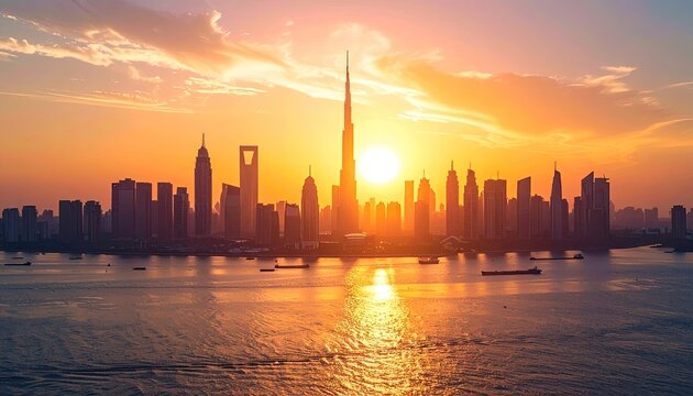Fototapeta Dubai Skyline Radiating at Sunset Golden Light Reflecting on Water Tall Buildings and Boats Creating Serene Urban Scenery Travel Photography