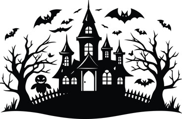 Halloween chilling haunted house silhouette with bats, bare trees, and a spooky snowman, ideal for halloween themes