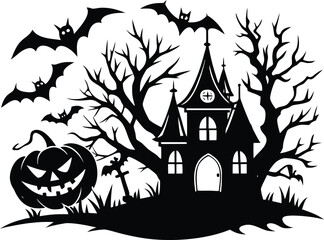 Halloween spooky halloween scene with haunted house, bats, and pumpkin in black silhouette for a festive and eerie atmosphere