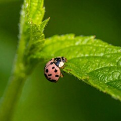 Fototapeta premium Ladybug on a vibrant green leaf (1)