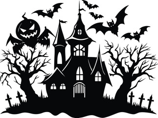 Halloween eerie haunted house silhouette with bats and a scary pumpkin, ideal for halloweenthemed designs and spooky decorations