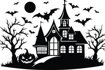 Halloween spooky halloween silhouette illustration featuring a haunted house, bats, trees, a pumpkin, and a full moon for festive designs