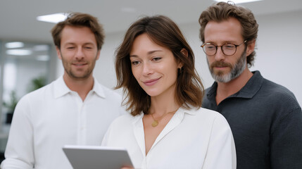 Fototapeta premium Team analyzing a digital document with charts, digital innovation in data summarization, technology advancement in business meetings, smart solutions for AI-generated insights