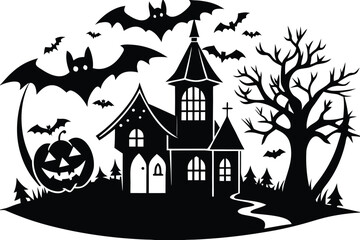 Halloween eerie halloween silhouette illustration featuring a haunted house, bats, bare tree, and a pumpkin creating a spooky and mysterious vibe