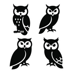 Four stylized silhouette owls collection wildlife animals bird art graphics for decorative projects silhouette