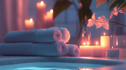 Soft towels are neatly stacked beside glowing candles and delicate flowers, creating soothing perfect for relaxation and wellness. warm light environment