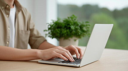 Fototapeta premium Hands typing on a laptop with carbon tech reports, digital innovation in environmental data, technology advancement in reduction strategies, smart solutions for sustainability