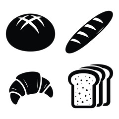 Icon set featuring freshly baked bread pastries and sliced bread for food and bakery themes silhouette