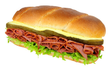 Pastrami meat and pickled gherkin deli sub sandwich roll isolated on a white background
