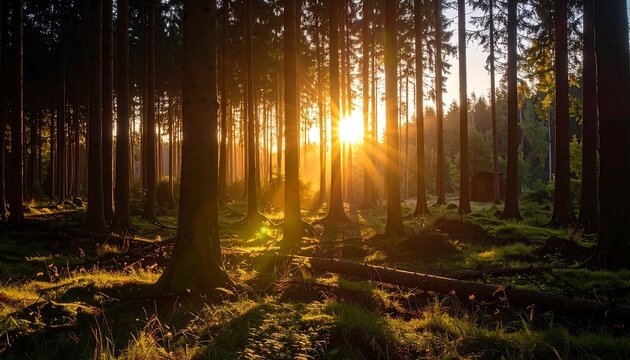 Golden sunlight streams through a dense forest