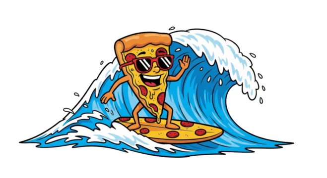 Cartoon pizza slice character with sunglasses surfing a large blue wave, smiling and enjoying the ride. - Powered by Adobe