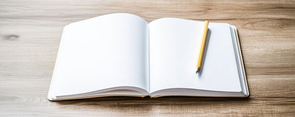 open notebook with blank pages and yellow pencil rests on wooden table, creativity and ideas. simplicity of scene encourages writing and ion