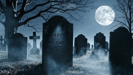 Spooky Halloween Night at the Cemetery under Moonlight - Powered by Adobe