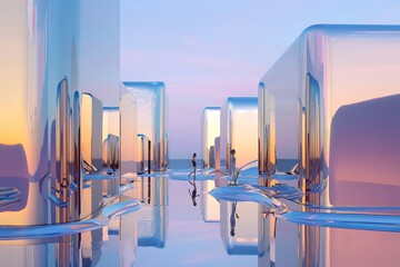 Surreal city landscape with glass structures and reflective water surface
