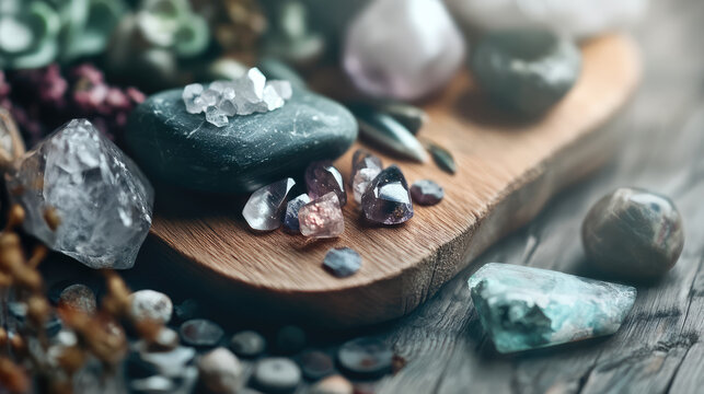 Natural gemstones and crystals arranged on wooden surface, various colors and shapes. composition highlights beauty and diversity of these minerals, creating harmonious display - Powered by Adobe