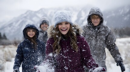 Joyful children laughing and playing in the falling snow with winter coats and a mountain backdrop