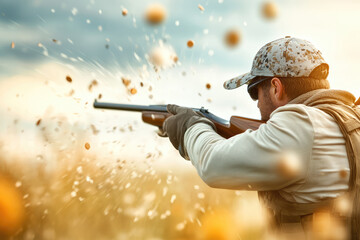 dynamic action shot of man aiming rifle in field, intensity of hunting. scene captures excitement and focus of moment, with debris flying around