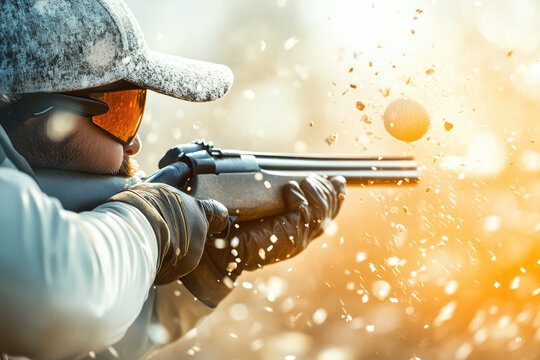 dynamic action shot of shooter aiming shotgun, with flying debris and clay target in motion, capturing intensity of moment