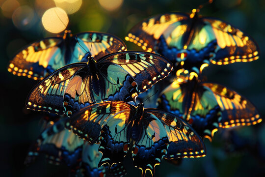 A vibrant cluster of colorful butterflies with intricate wing patterns bathed in soft golden light.