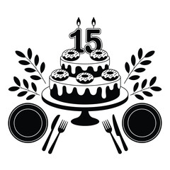 Celebration cake with number 15 candles and festive decorations