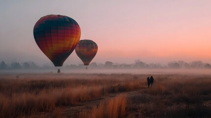 Obraz premium Two hot air balloons ascend over a misty field during a serene sunrise with a couple walking on a distant path