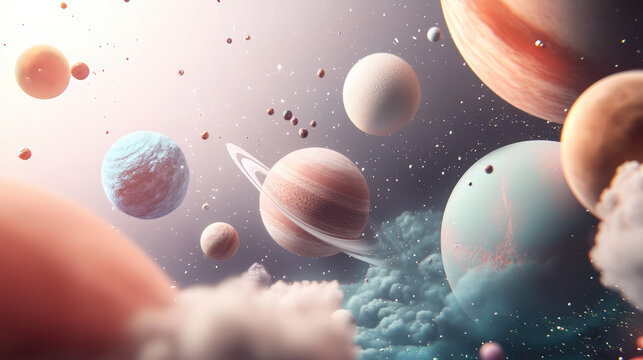 Outer space scene with various planets, rings, and clouds, creating vibrant cosmic . colorful celestial bodies float amidst starry background, evoking sense of wonder
