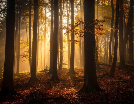 Golden sunlight streams through a misty autumn forest