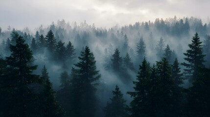 Obraz premium A tranquil misty forest scene featuring tall evergreen trees bathed in soft morning light
