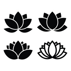 Set of four stylized lotus flower icons representing purity serenity and spiritual growth for diverse applications silhouette