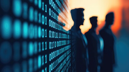 Digital silhouettes of business professionals stand against backdrop of binary code, symbolizing technology and innovation in corporate world