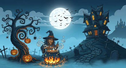 Witch cauldron haunted house full moon bats spooky Halloween graveyard pumpkins eerie spooky Halloween scene with witch stirring bubbling cauldron full moon surrounded by bats jack o lanterns