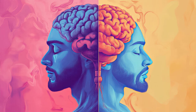 image illustrates striking representation of human mind, divided into two contrasting halves. One side features blue brain against pink background, while other s orange brain yellow