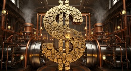 Giant dollar sign made of gears turning inside a machine, representing the economy.