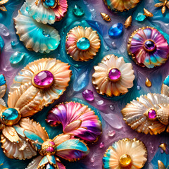 Seamless pattern, textile. Shell-Shaped Jewels and Gems in Bright Colors on Swirling Liquid Surface