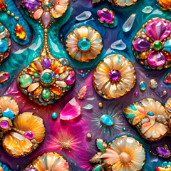 Seamless pattern, textile. Opulent Brooches and Shell-Jewels Scattered on a Brightly Colored Liquid Surface
