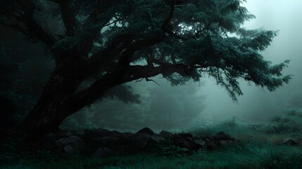 An ancient gnarled tree with twisted branches stands in a misty dark forest creating a serene and mystical atmosphere
