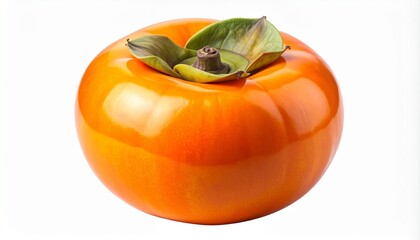Describe a ripe persimmon with glossy orange skin and green leafy calyx on a transparent background. Highlight its plump shape, smooth texture, and visual appeal for culinary and educational use.