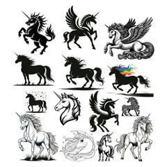 Collection of Black and White Unicorn Illustrations