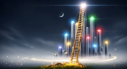 Golden ladder leaning on a glowing skyscraper-shaped bar chart.