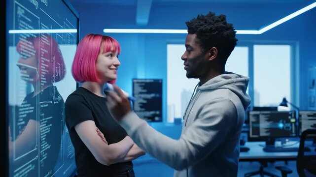 Software Engineers Discussing Coding on Transparent Display, Working in Data Center