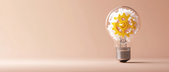 light bulb with yellow gear inside, symbolizing creativity and innovation, set against soft peach background. design evokes sense of inspiration and imagination