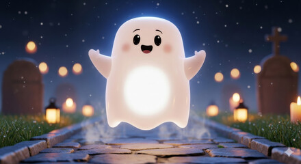 Cute ghost cartoon glowing floating night graveyard lantern happy fantasy Halloween