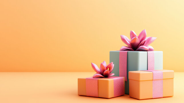 Brightly wrapped gifts with decorative flowers on top, perfect for celebrations. vibrant colors and elegant design create joyful for any occasion