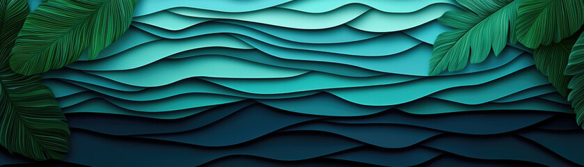 Obraz premium Smooth gradient waves in shades of teal and blue, surrounded by lush green leaves, create vibrant and dynamic background. This design evokes sense of depth and movement