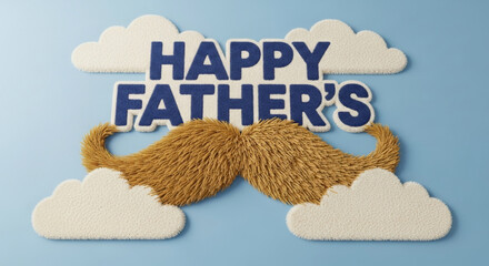 Happy Father Day greeting with fluffy clouds and large brown mustache on blue background, playful and cheerful design for celebration and appreciation