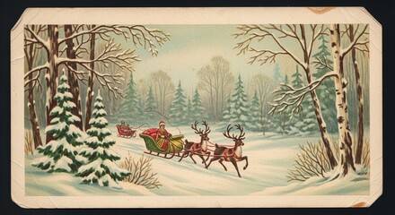 Vintage Christmas card with reindeer sleigh gliding through snowy forest