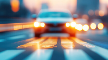 blurred view of car approaching on city street at sunset, with glowing lights and crosswalk markings creating dynamic scene. conveys sense of movement and urban life