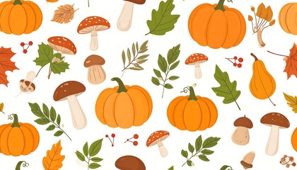 Autumnal pattern with pumpkins, leaves, and mushrooms
