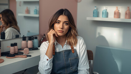 Fototapeta premium Young woman sitting in hair salon wearing denim apron surrounded by styling products and beauty tools